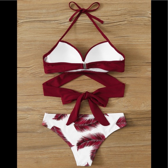 Maroon and White Feather Print Bikini - Picture 2 of 11